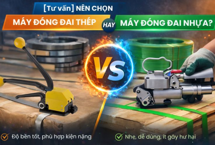[Tư vấn] Nên chọn máy đóng đai thép hay máy đóng đai nhựa?